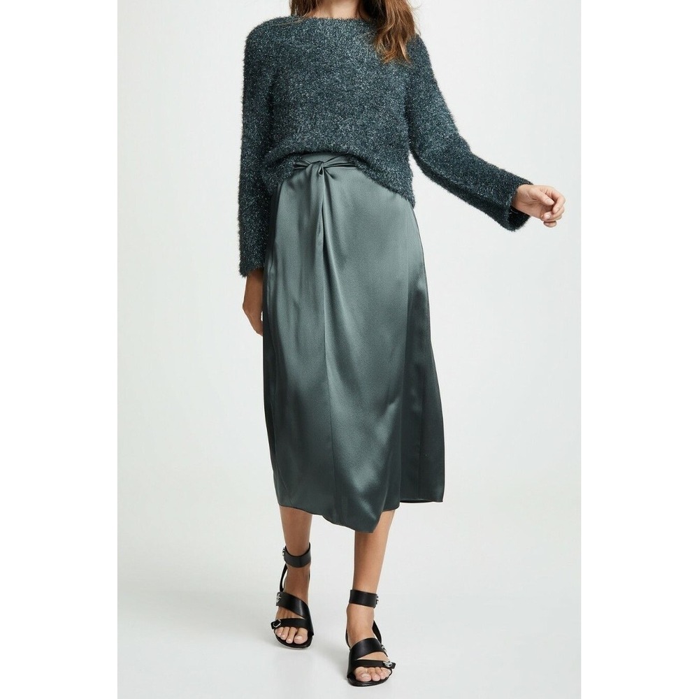NWT Vince Knot Paneled Silk Satin Midi Skirt in Mineral Stone Green Size XS $325